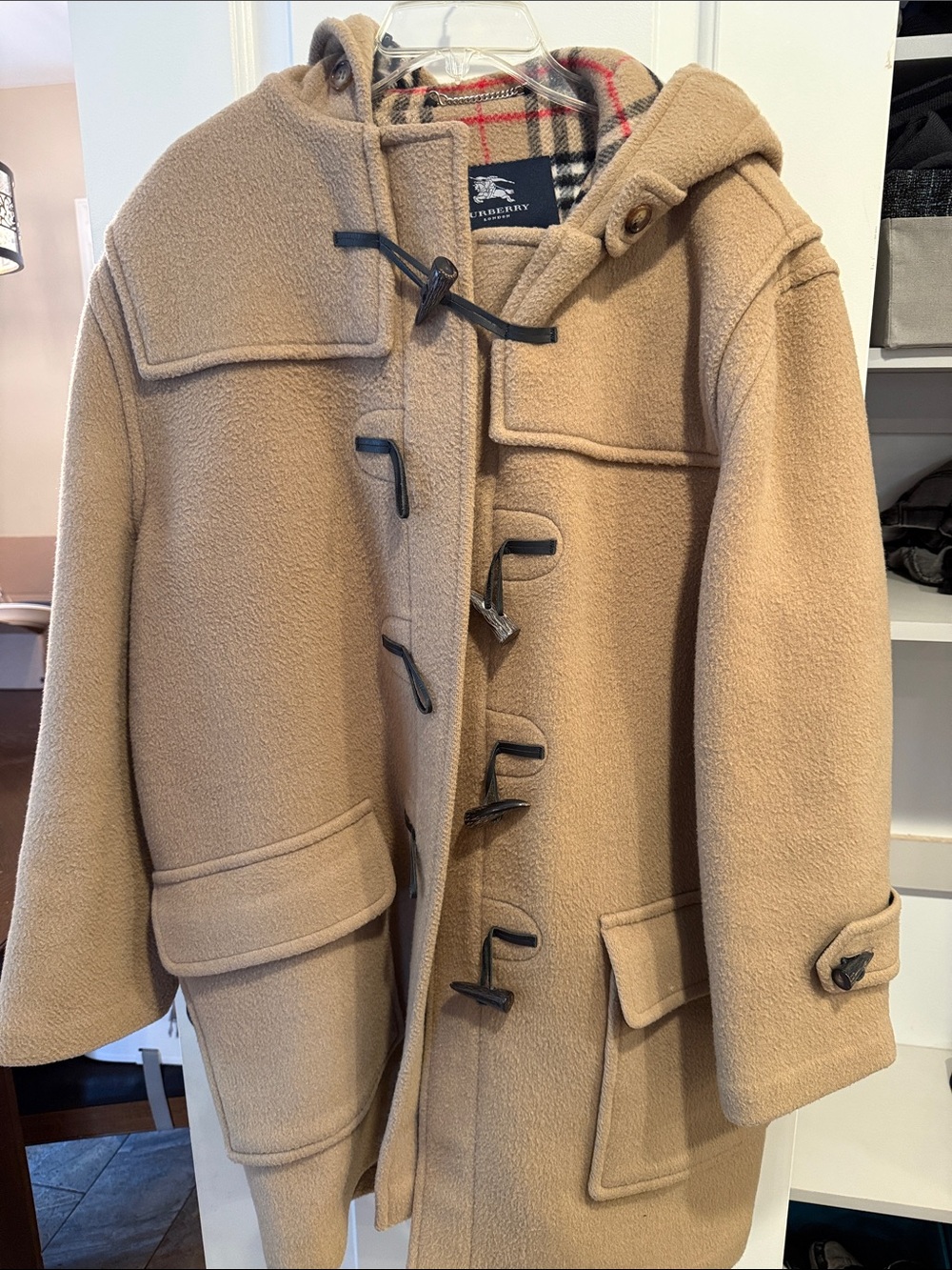 Burberry Camel Wool Duffle Coat with Hood